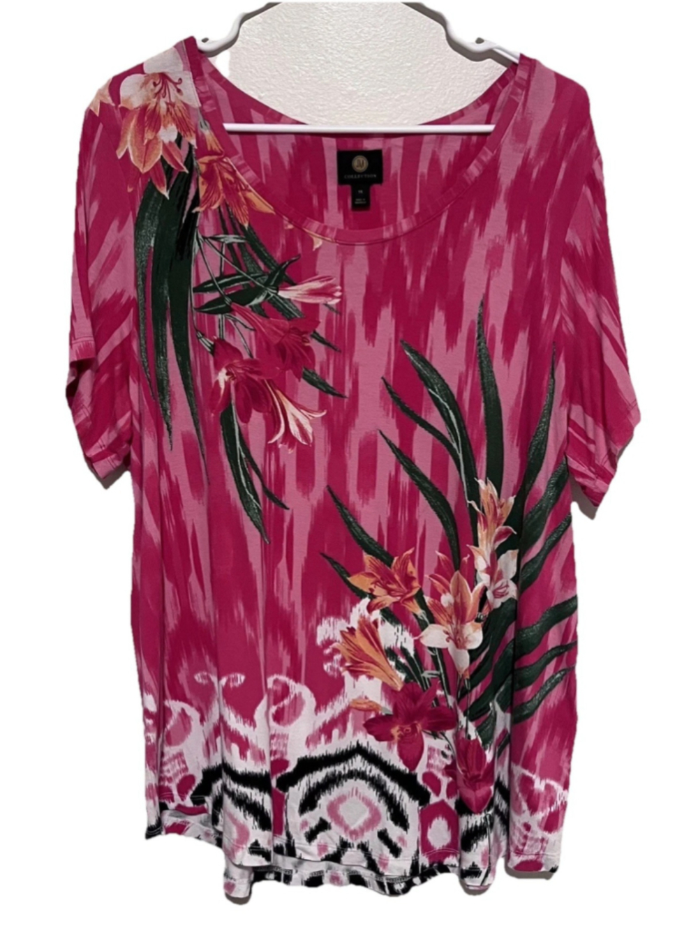 JM Collection Floral Tropical Top Women's 1X Bright Pink Tunic Tee